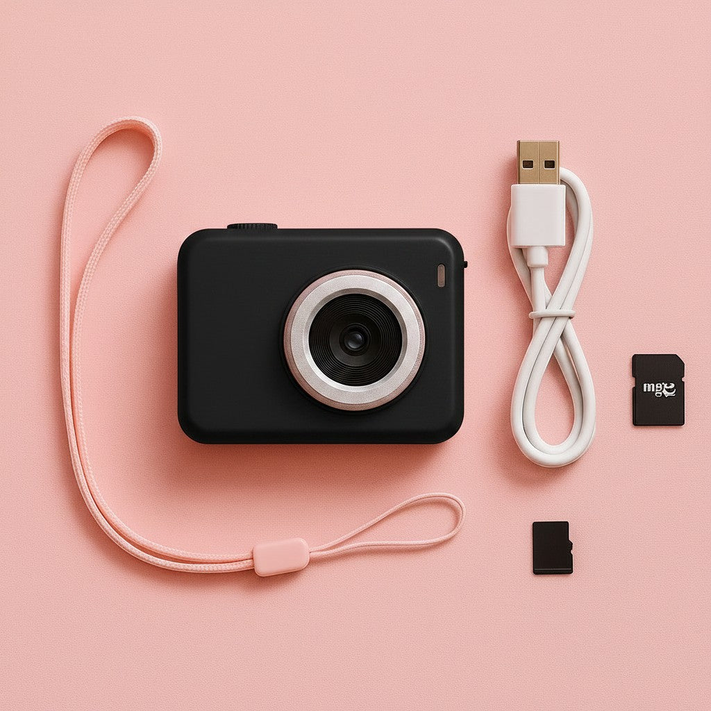 Exquisite Deal Shop pink digital camera for kids with FHD 1080P, USB-C charging cable, and microSD card.