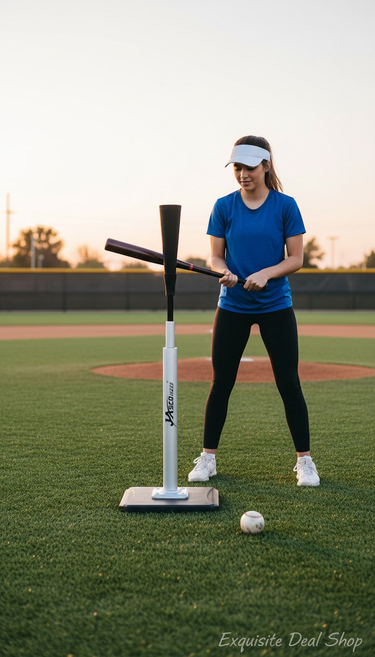 Exquisite Deal Shop portable batting tee for baseball and softball, height adjustable 24-46 inches, with rubber top and metal base.