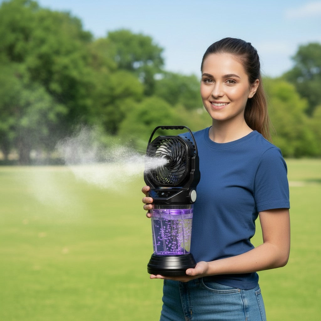 Exquisite Deal Shop woman holding a box for a black portable fan with 4 speed levels and misting function.