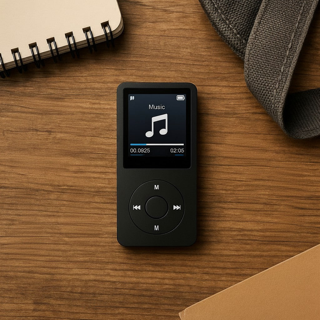 Exquisite Deal Shop black portable MP3 player with Bluetooth, FM radio, and voice recorder, shown with white earbuds and wireless earbuds.
