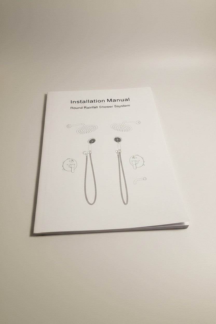 Exquisite Deal Shop installation manual for a round rainfall shower system with two shower heads and handheld wands.