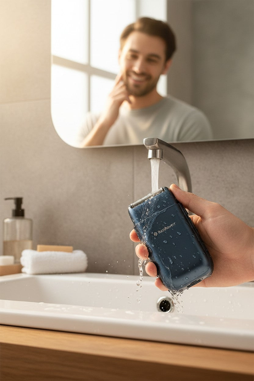 Exquisite Deal Shop Razshaverr LK-2012 blue dual-head electric shaver being rinsed under a faucet. USB rechargeable, waterproof.