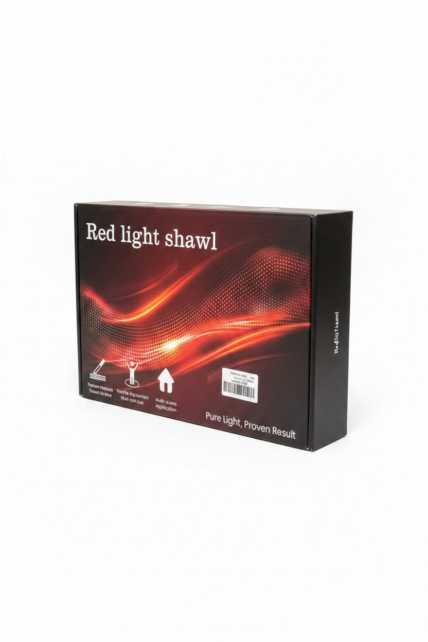 Exquisite Deal Shop red light therapy shawl packaging box with abstract red light design on a white background