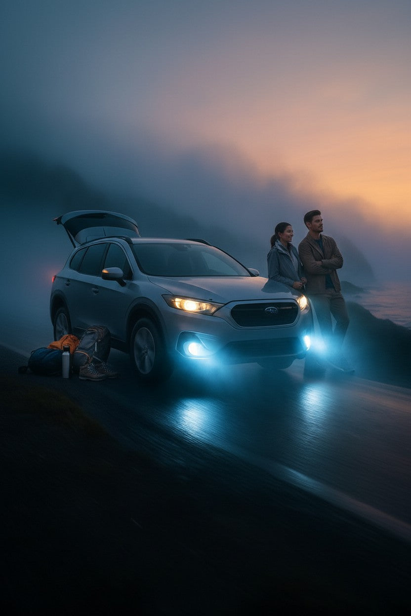 Exquisite Deal Shop Rimthin LED fog light with projector lens, bright blue light, universal fit for cars, 12V compatible.