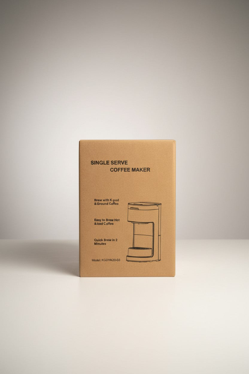 Exquisite Deal Shop single serve coffee maker box with illustration, brews K-pods or grounds, hot or iced coffee.