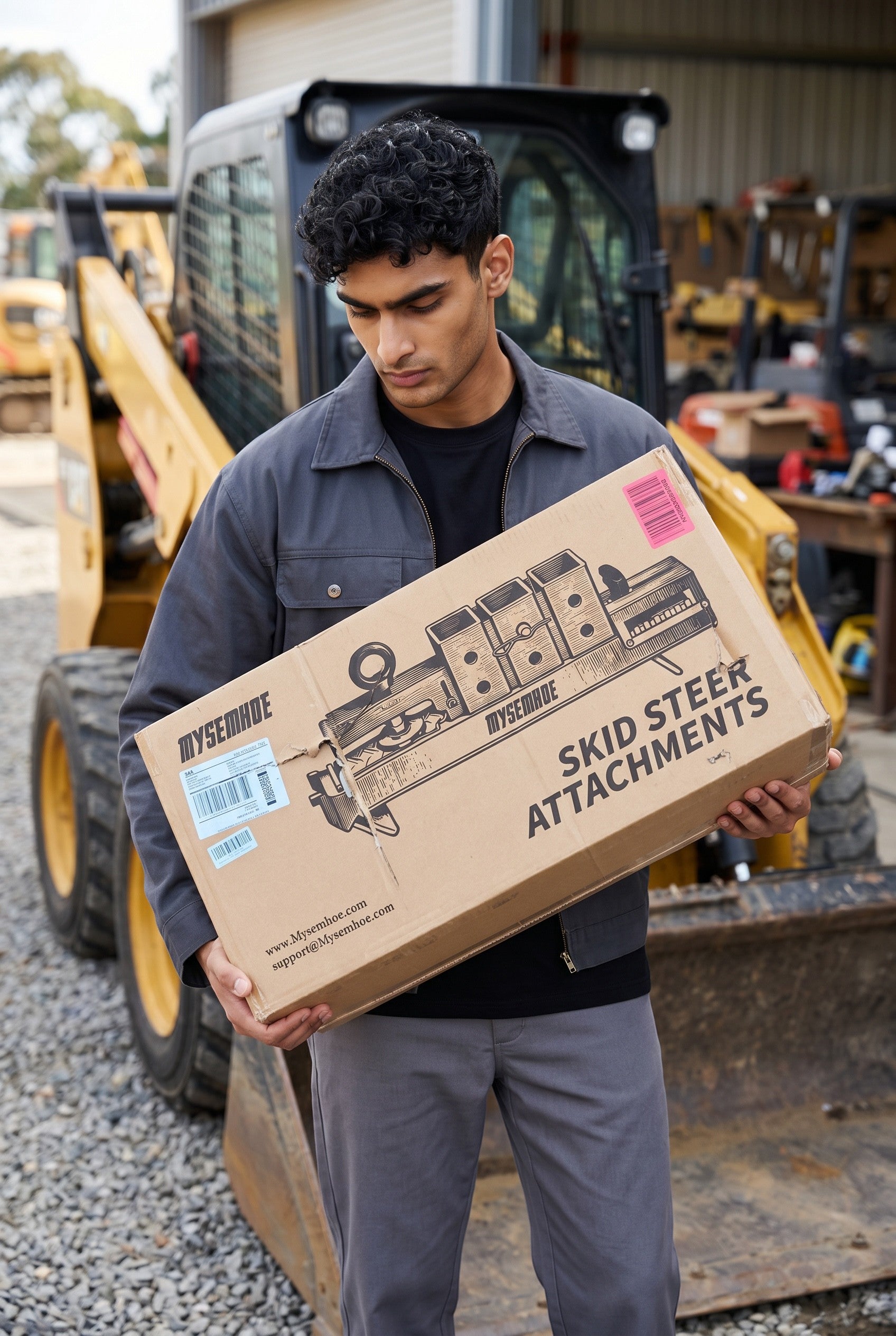 Exquisite Deal Shop Skid Steer Metal Bending Forming Attachment box held by a man in front of a skid steer.