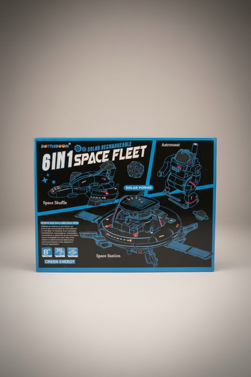 Exquisite Deal Shop 6-in-1 Solar Rechargeable Space Fleet building toy kit with astronaut, space shuttle, and space station models.