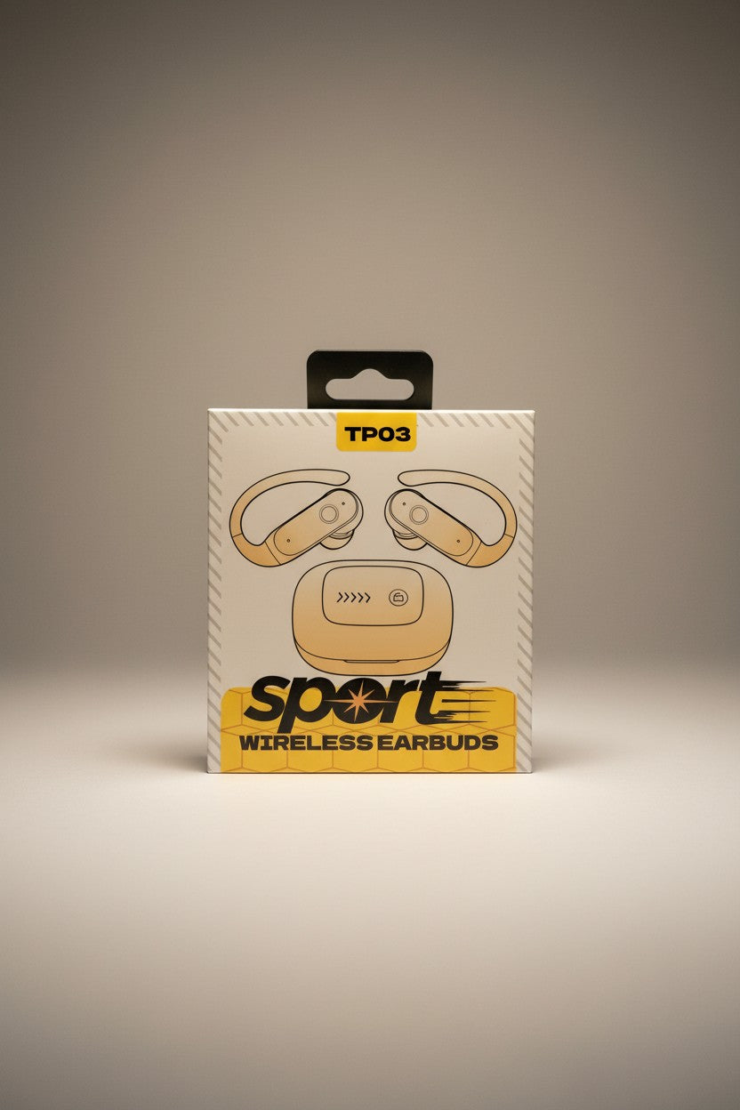 Exquisite Deal Shop LERNC TP03 sport wireless earbuds with LCD touch screen and ear hooks in gold.