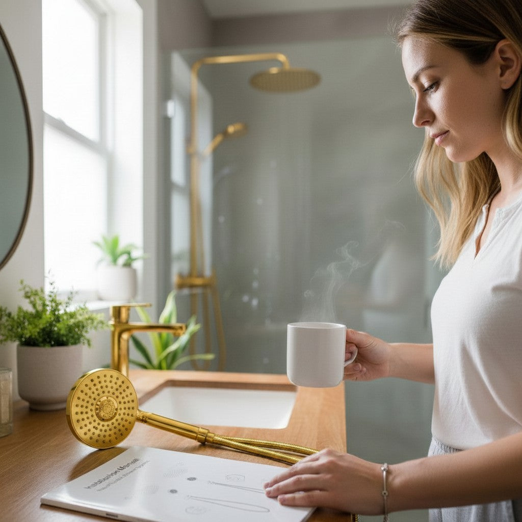 Exquisite Deal Shop Sun Rise 10 inch round rainfall shower head in brushed gold with easy-clean nozzles.