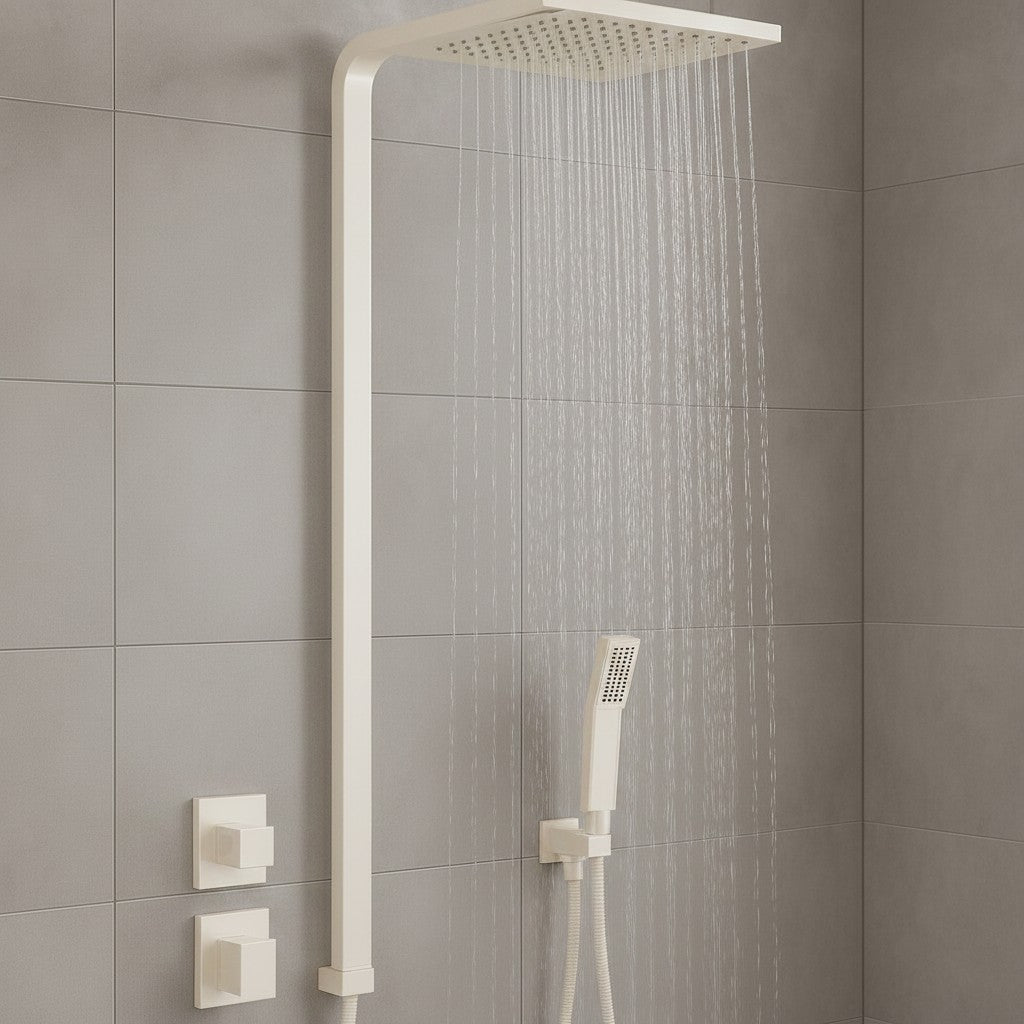 Exquisite Deal Shop Sun Rise shower system with square rainfall head and handheld wand in chrome finish.