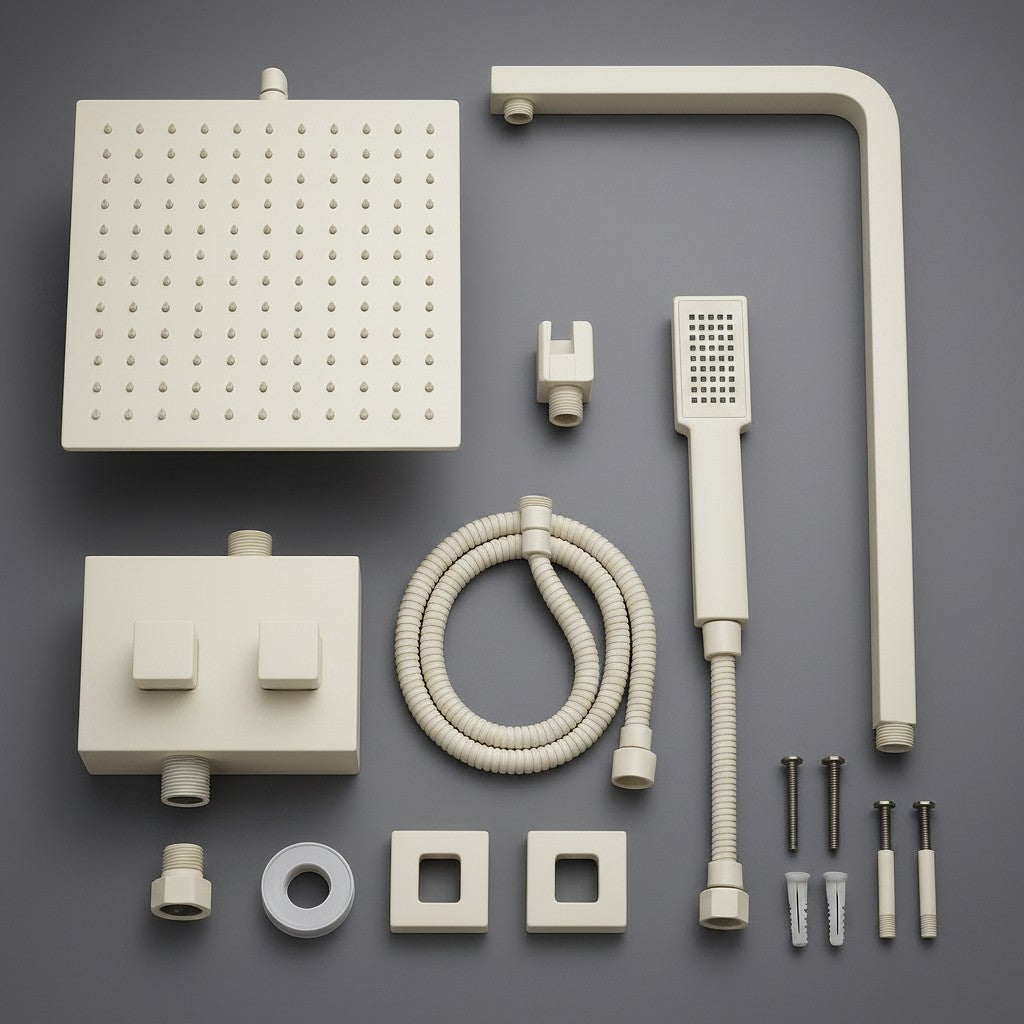 Exquisite Deal Shop Sun Rise shower system with square rainfall head, handheld wand, tub spout, and diverter valve.