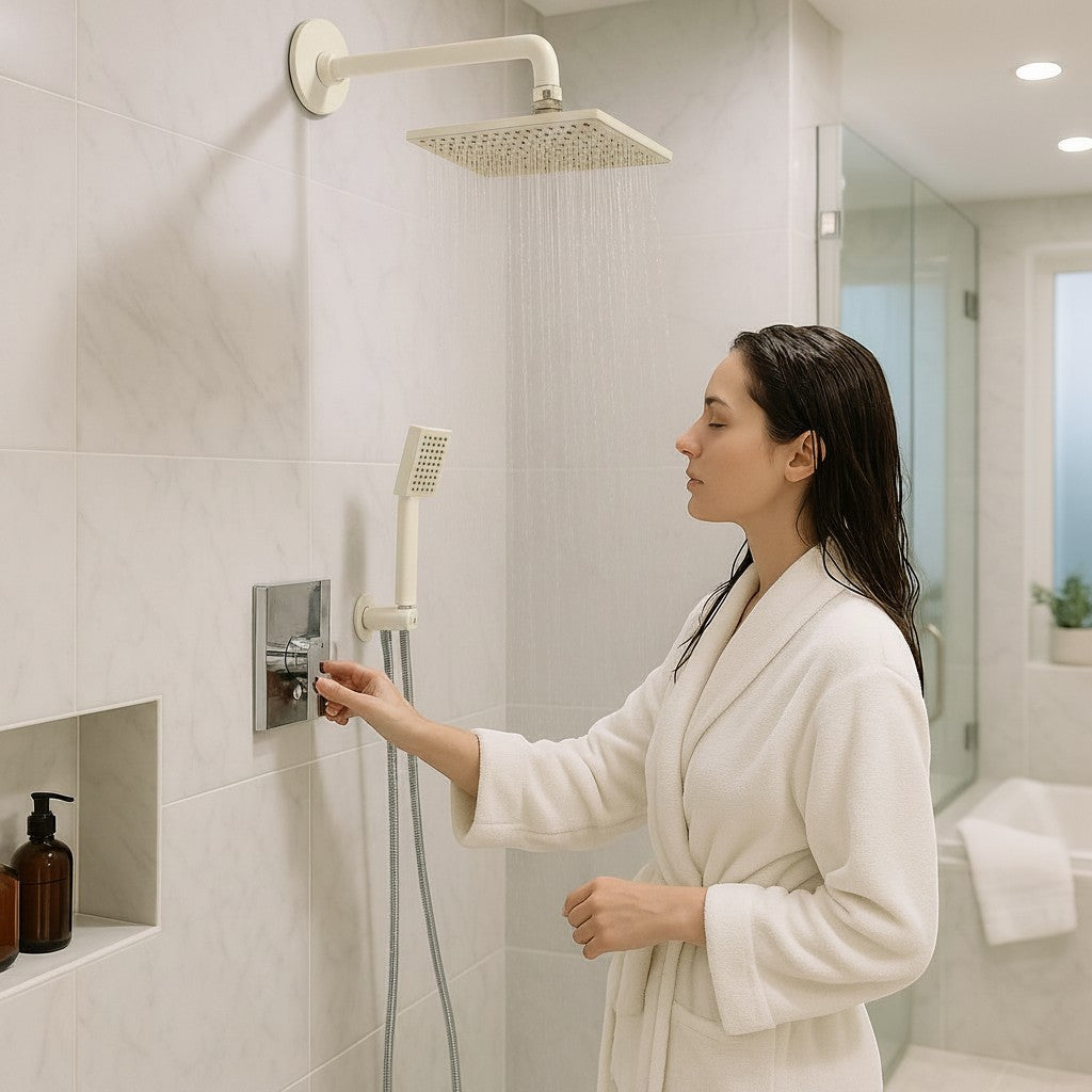 Exquisite Deal Shop Sun Rise shower system with square rainfall head and handheld wand. Woman in robe adjusting controls.