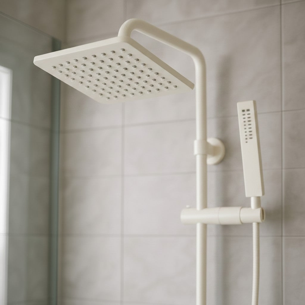 Exquisite Deal Shop Sun Rise shower system with square rainfall head and handheld wand in brushed nickel finish.