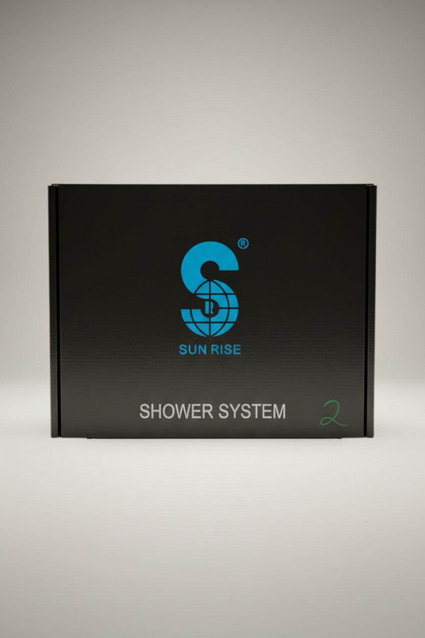 Exquisite Deal Shop Sun Rise shower system box with square rainfall head and handheld wand.