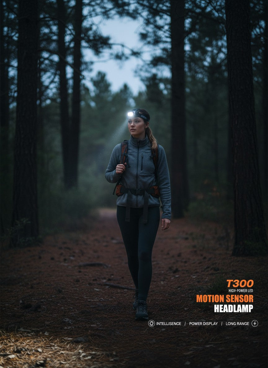 Exquisite Deal Shop T300 motion sensor LED headlamp worn by a hiker in a dark forest at night.