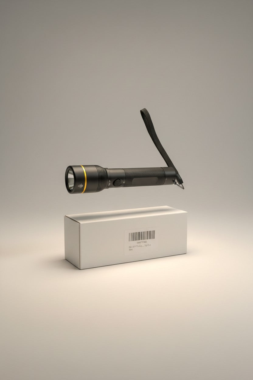 Exquisite Deal Shop black tactical LED flashlight with yellow accent ring and wrist strap, includes box.