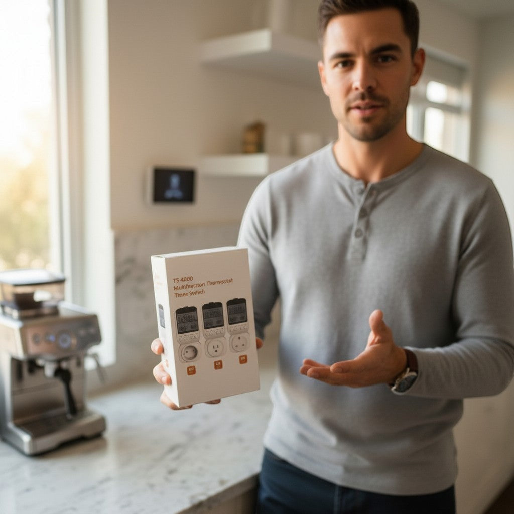 Exquisite Deal Shop TS-4000 Multifunction Thermostat Timer Switch box with digital displays and outlet types.