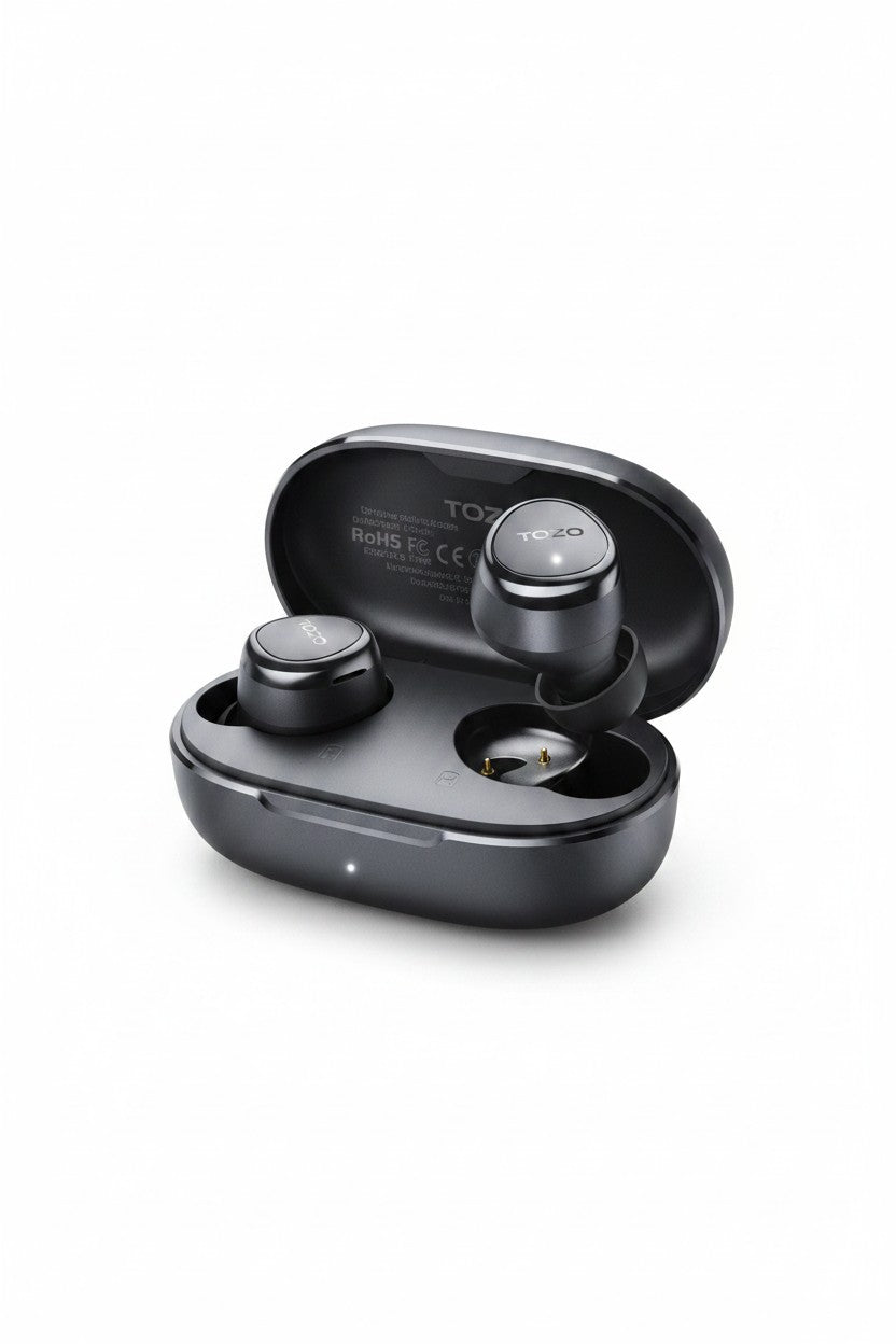 Exquisite Deal Shop TOZO E1 black true wireless earbuds with silicone tips and pebble-shaped charging case.