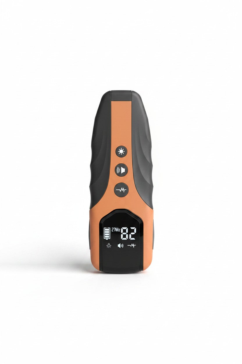 Exquisite Deal Shop orange and black handheld ultrasonic bark deterrent with LCD display, light, sound, and vibration modes.