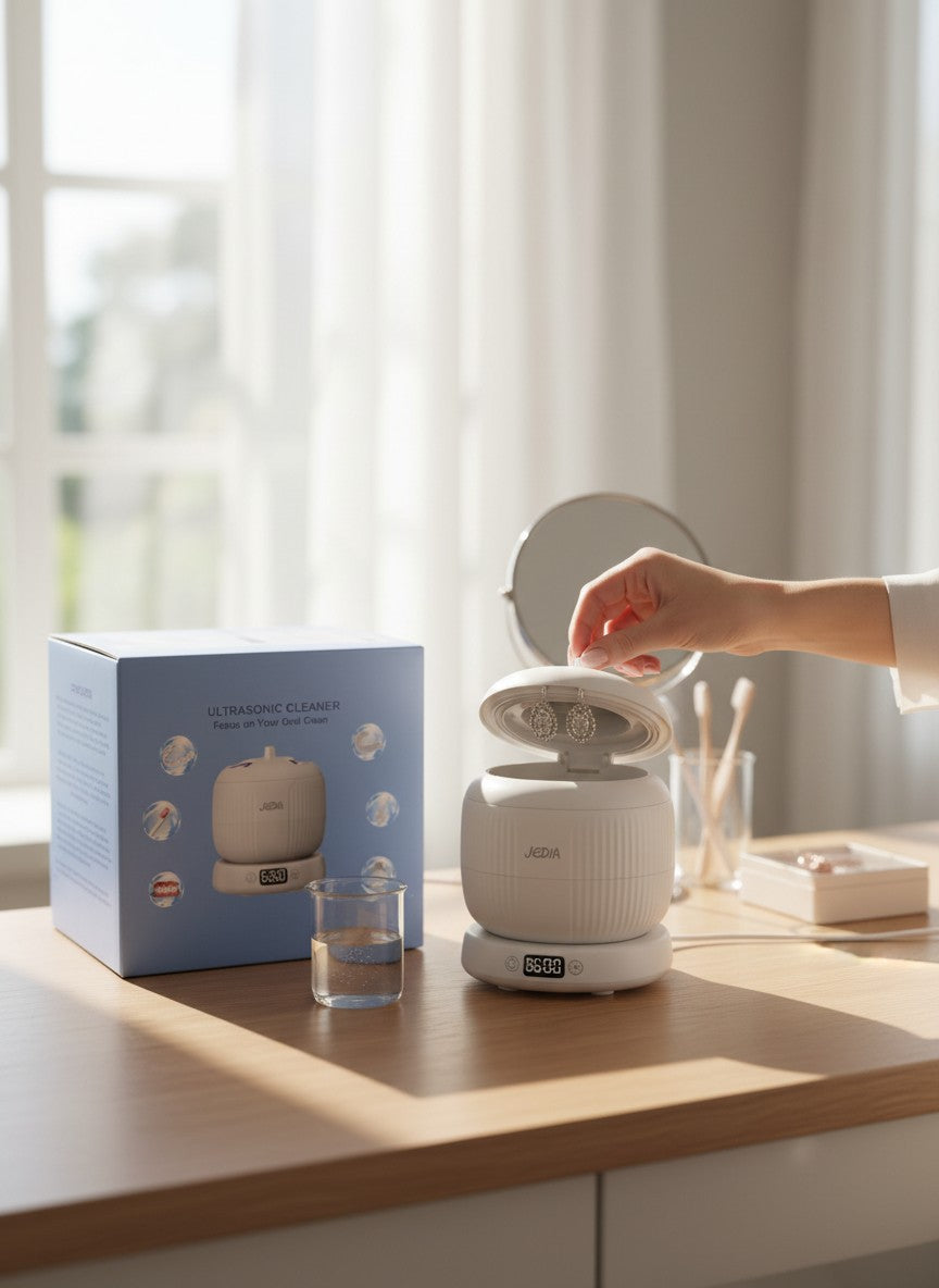 Exquisite Deal Shop white ultrasonic cleaner with digital display, cleaning earrings. Compact and quiet for home use.