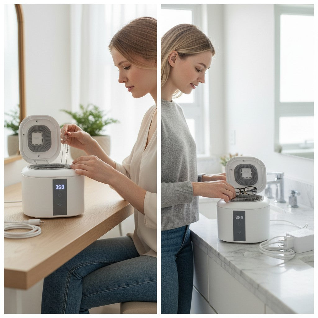 Exquisite Deal Shop white ultrasonic retainer cleaner with digital display and power adapter. Includes a metal tool.