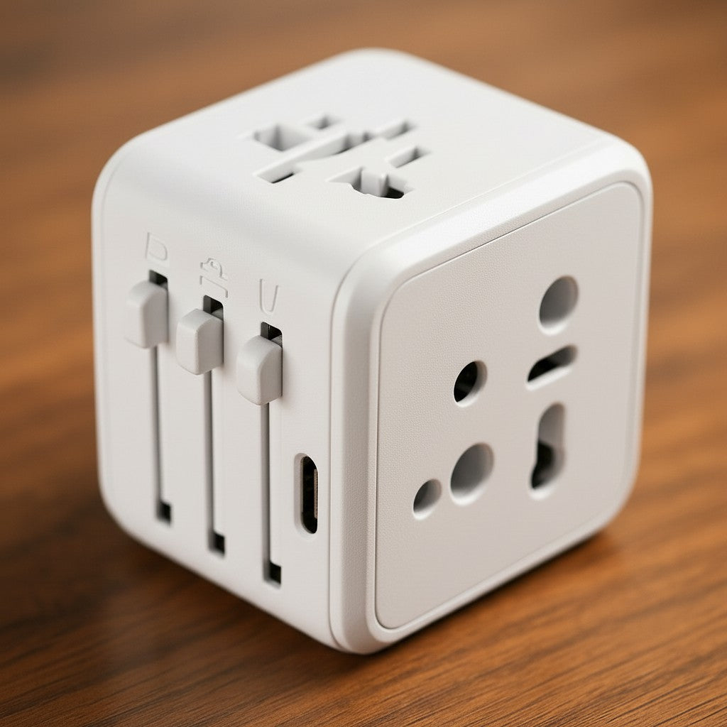 Exquisite Deal Shop black universal travel adapter with USB ports and slide-out international plugs for US, EU, UK, AU outlets.