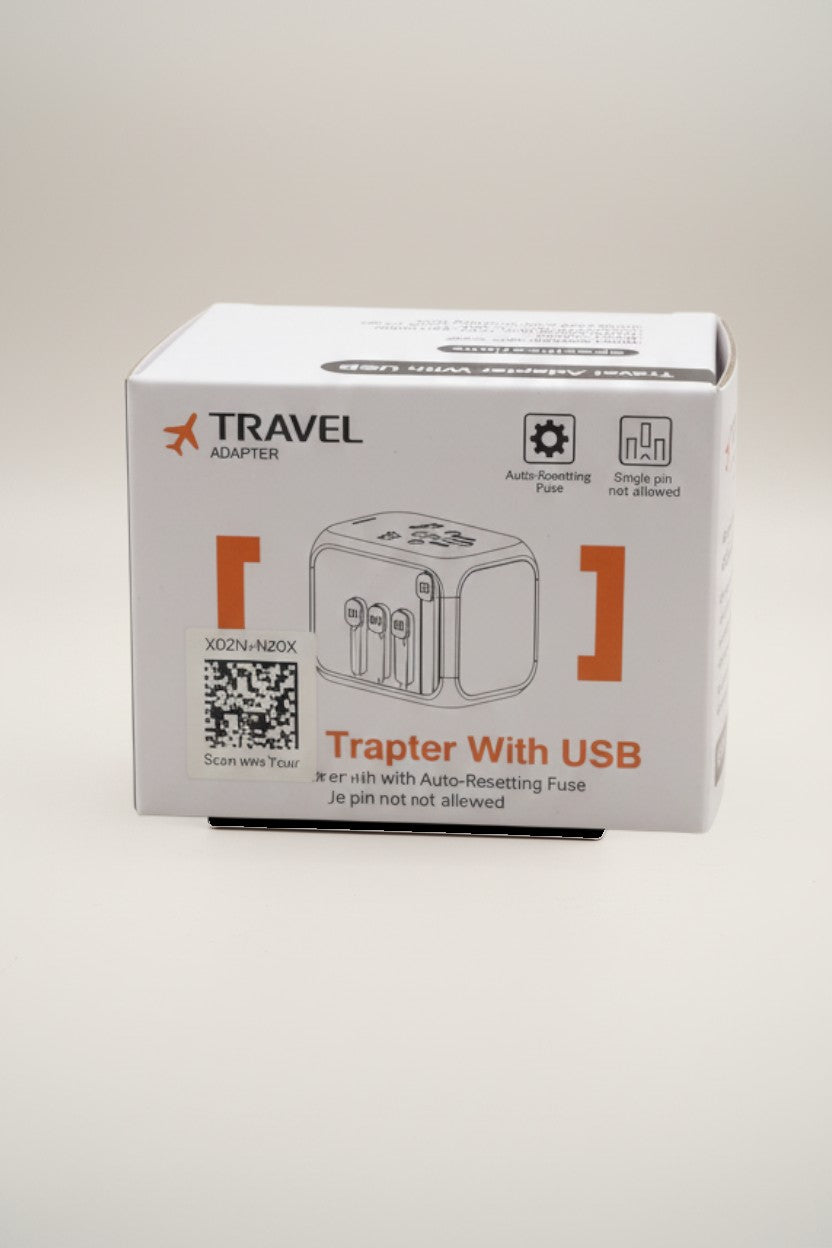 Exquisite Deal Shop Universal Travel Adapter with USB ports and slide-out international plugs for US, EU, UK, AU outlets.