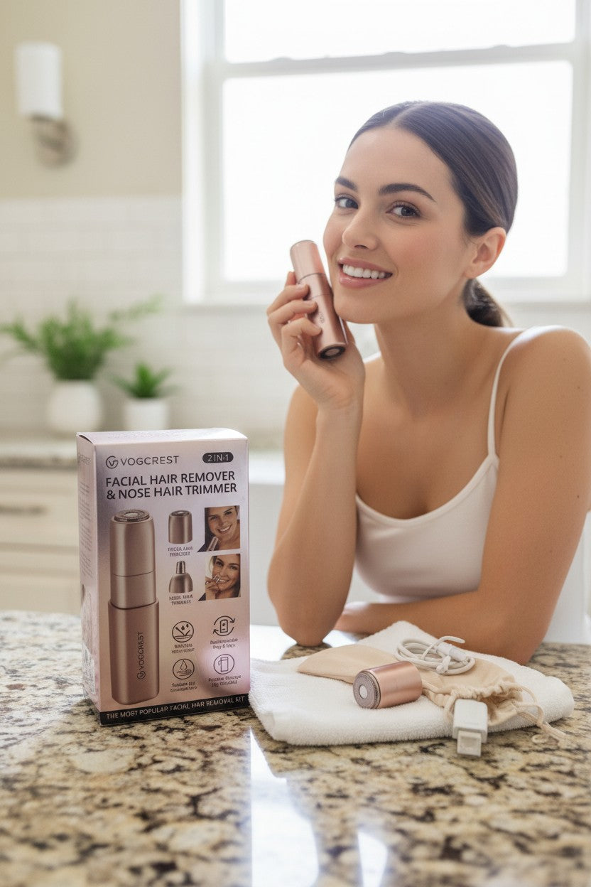 Exquisite Deal Shop Vogcrest 2-in-1 facial and nose hair trimmer, rose gold, with rotary stainless steel blade and washable head.