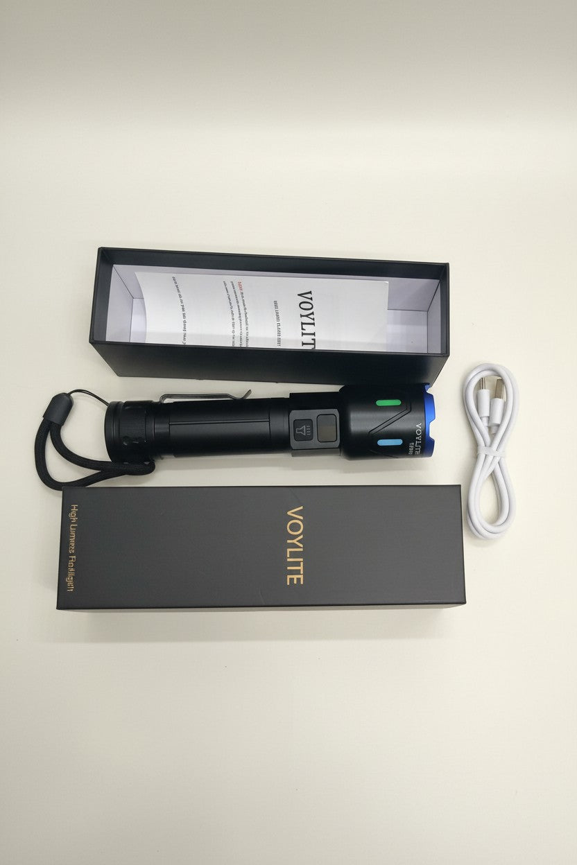 Exquisite Deal Shop VOYLITE black rechargeable LED flashlight with zoom focus, multiple modes, and USB charging cable.