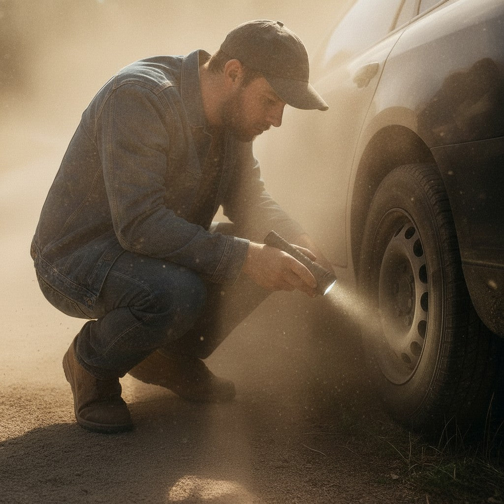 Exquisite Deal Shop WatPro S3000 rechargeable LED flashlight illuminates a car tire at night. Zoom focus, 3000 lumens.