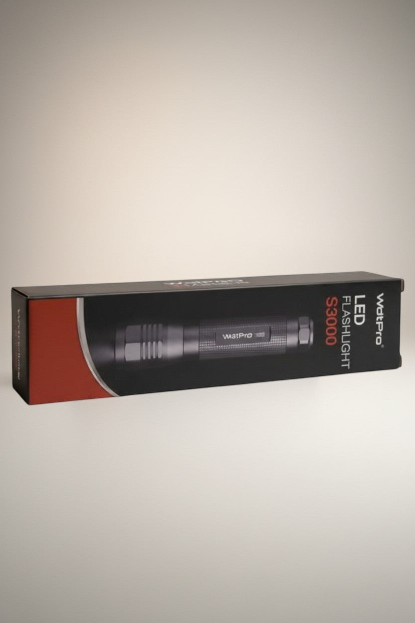 Exquisite Deal Shop WatPro S3000 LED flashlight, 3000 lumens, rechargeable, zoom focus, water-resistant aluminum body.