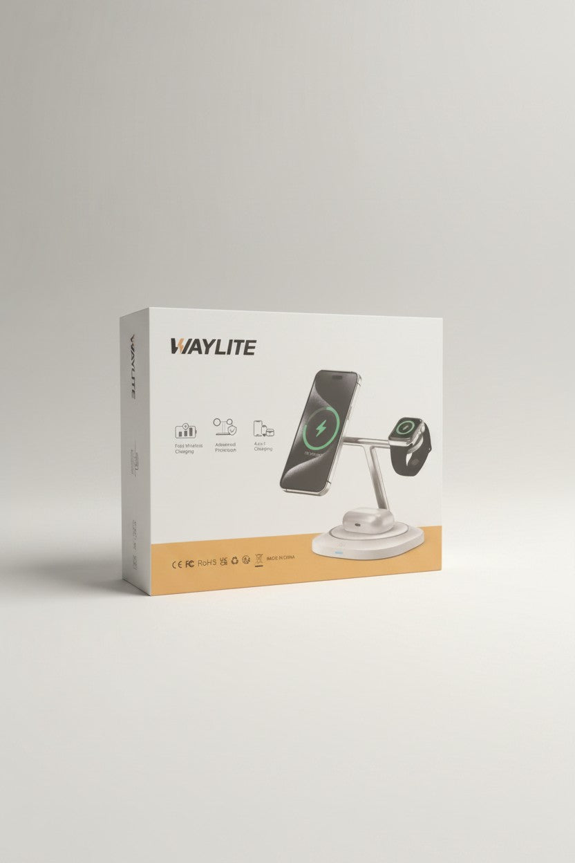 Exquisite Deal Shop WAYLITE 4-in-1 wireless charger with magnetic iPhone pad, Apple Watch dock, and AirPods charging pad. Features touch-controlled ambient light.