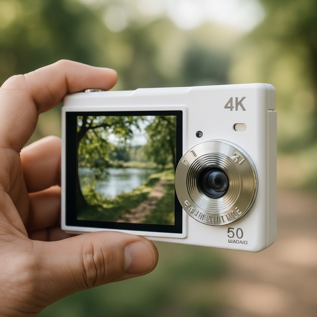 Exquisite Deal Shop white 4K digital camera with 50MP resolution and 16x zoom, held outdoors.