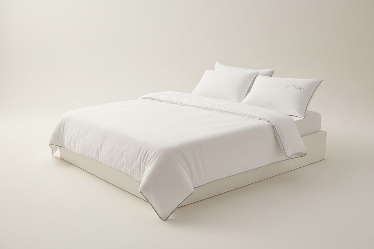 Exquisite Deal Shop white queen bedding set with grey trim, includes duvet cover and two pillows with embroidered logo.