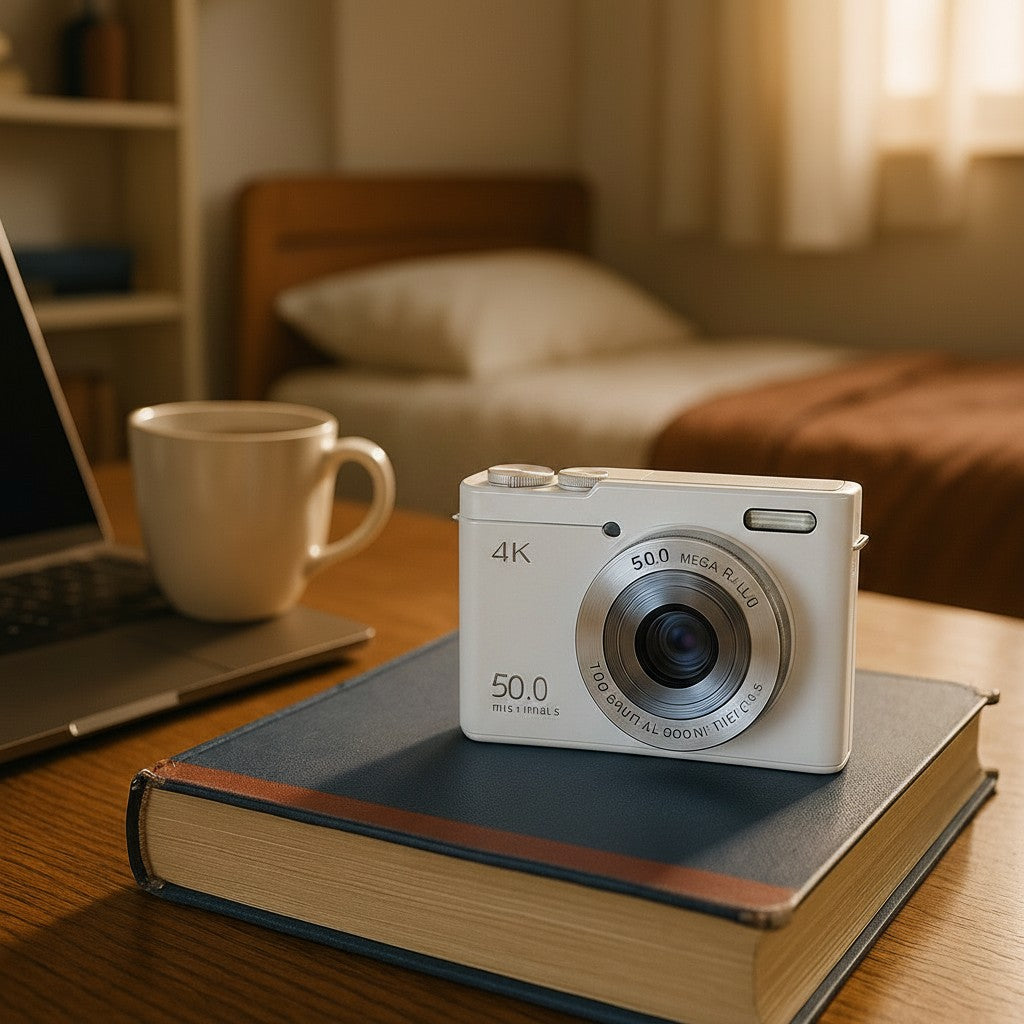 Exquisite Deal Shop compact digital camera, 50MP, 16x zoom, 4K video, anti-shake, in white.