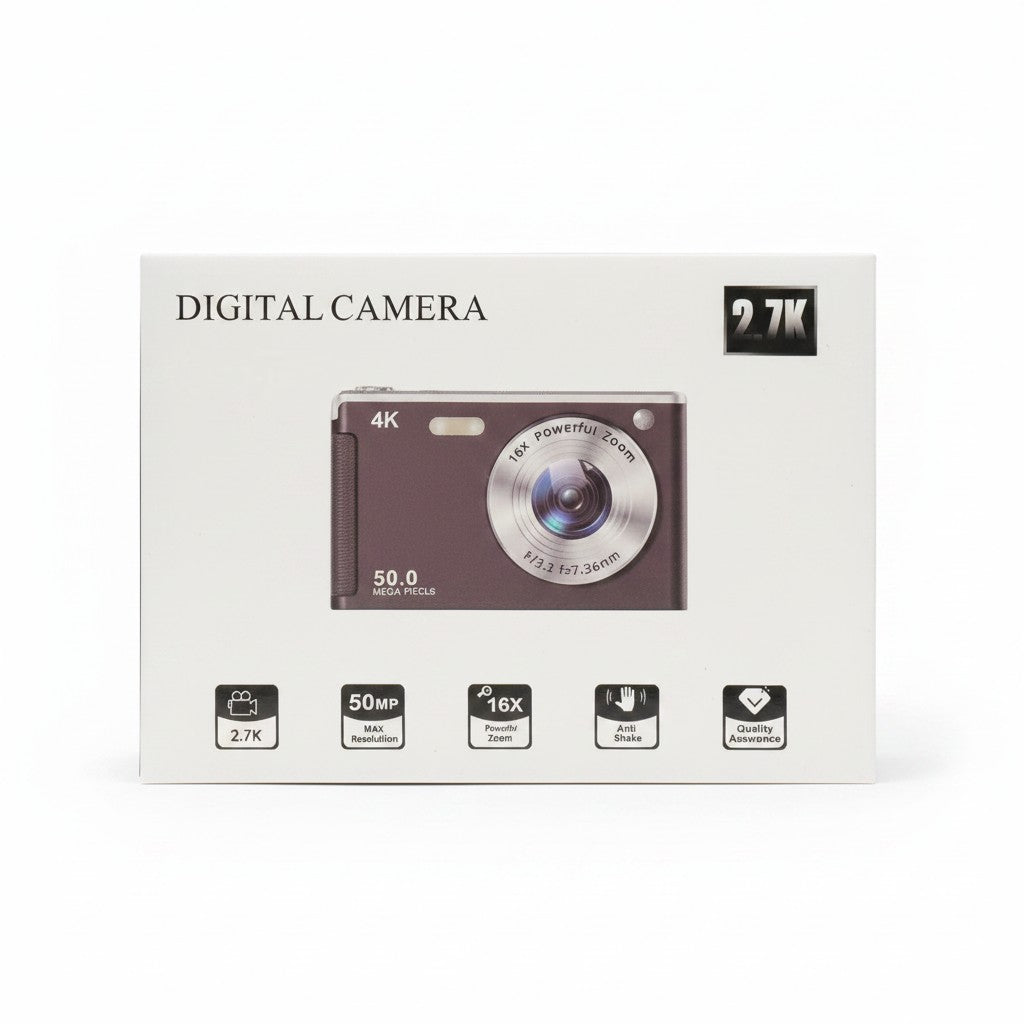 Exquisite Deal Shop white digital camera with 50MP resolution, 16x zoom, and 2.7K video. Features anti-shake stabilization.