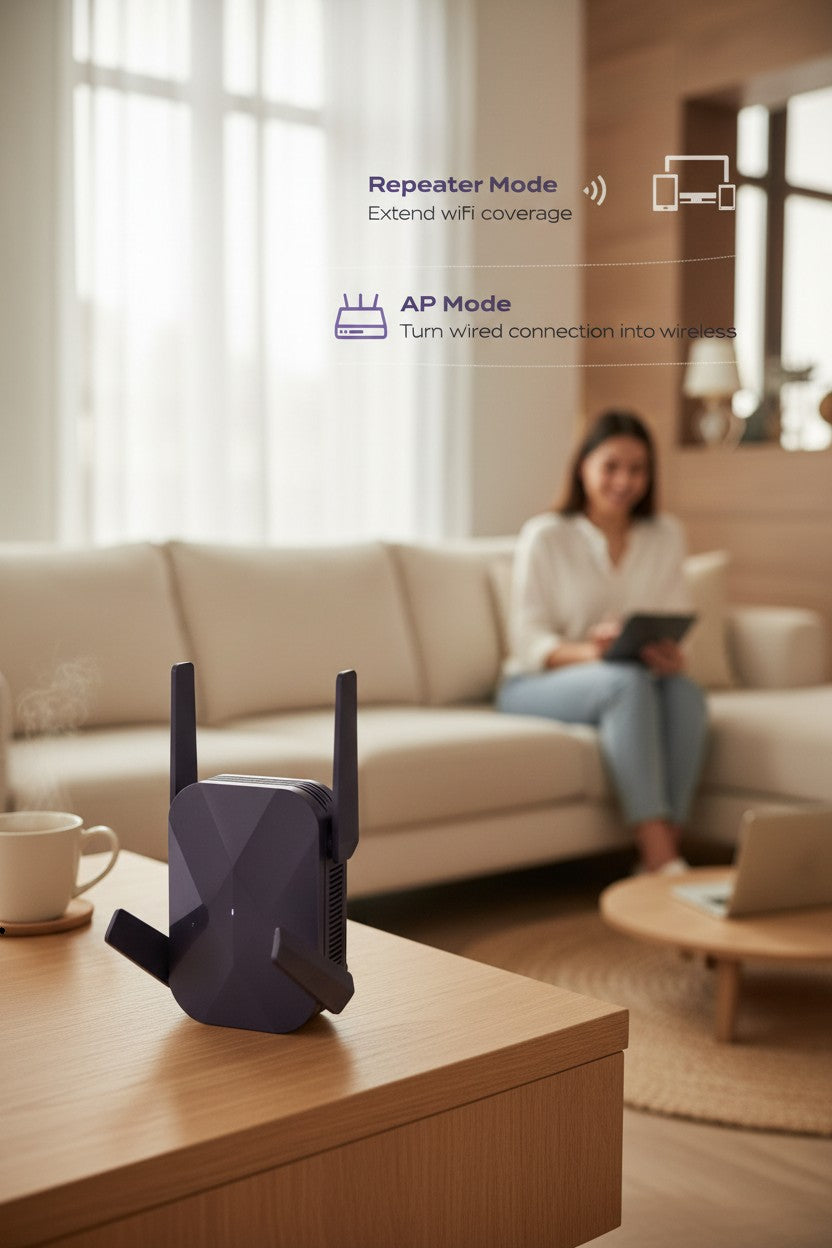 Exquisite Deal Shop WiFi Repeater Extender box showing Repeater Mode to extend wifi coverage and AP Mode to turn wired connection into wireless.