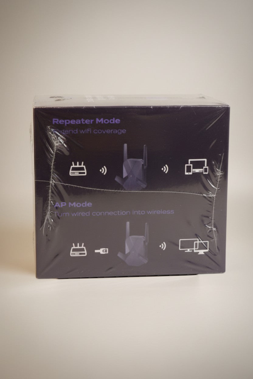 Exquisite Deal Shop WiFi Repeater Extender box showing Repeater Mode and AP Mode with diagrams.