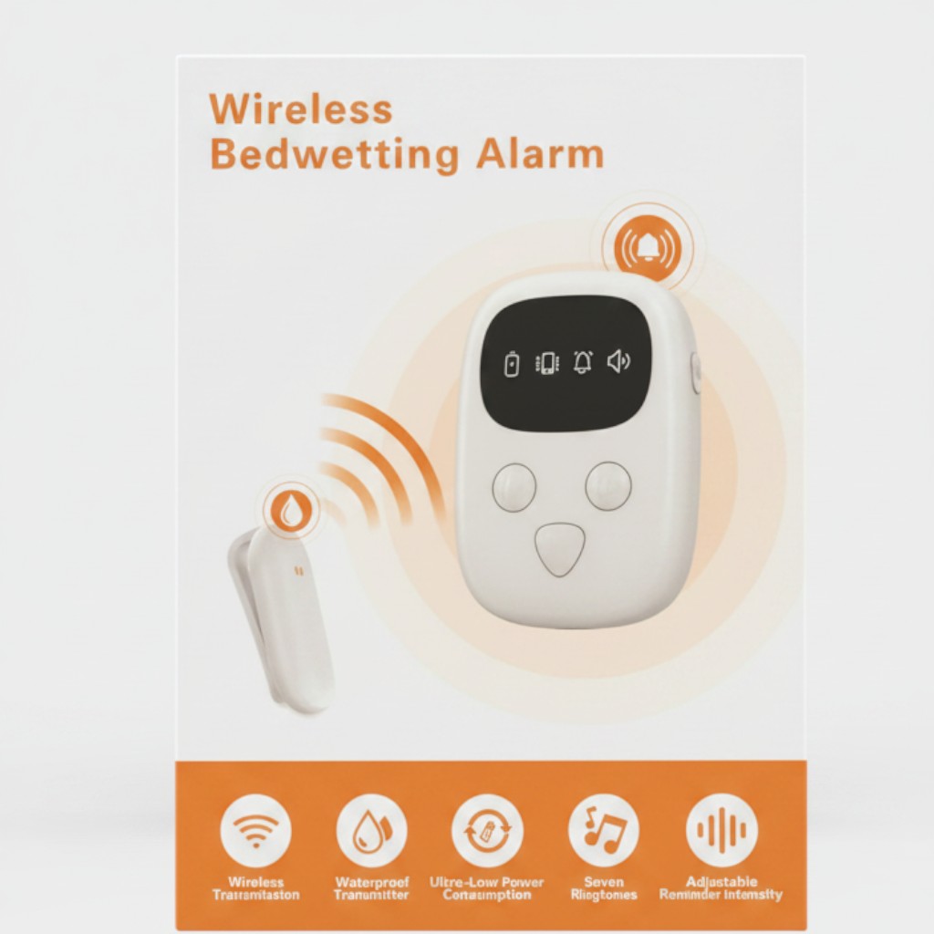 Exquisite Deal Shop Wireless Bedwetting Alarm with waterproof sensor clip and bedside receiver, 7 ringtones, adjustable volume.