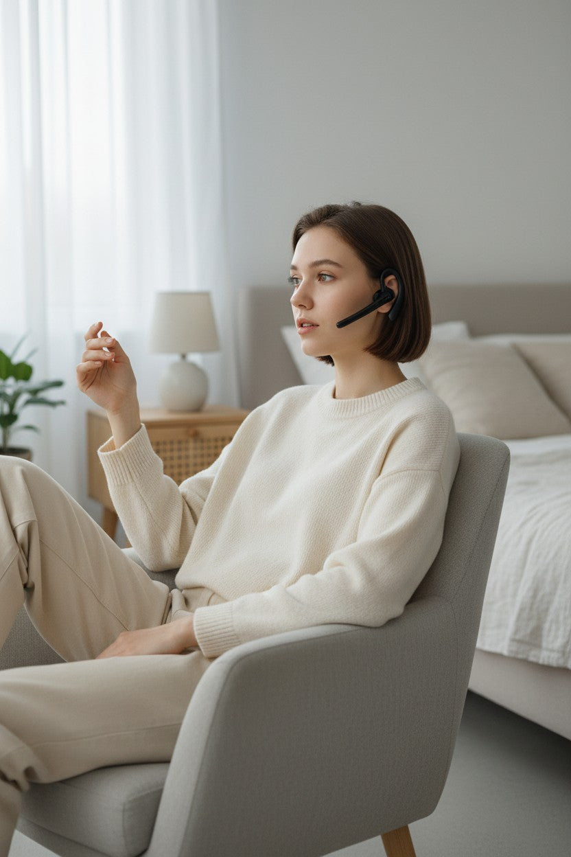 Exquisite Deal Shop YYK-520 wireless business headset worn by a woman in a comfortable home office setting