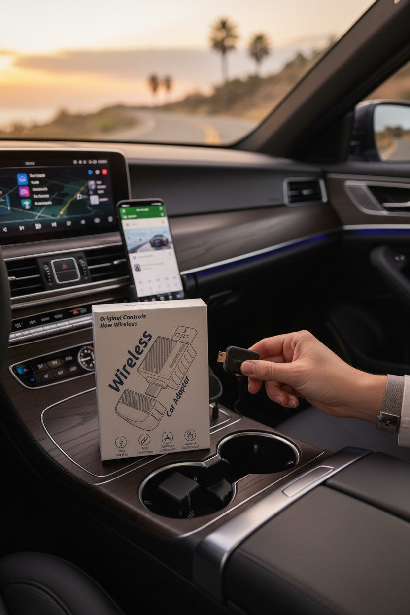 Exquisite Deal Shop Wireless CarPlay Android Auto adapter dongle, plug-and-play for seamless wireless connectivity.