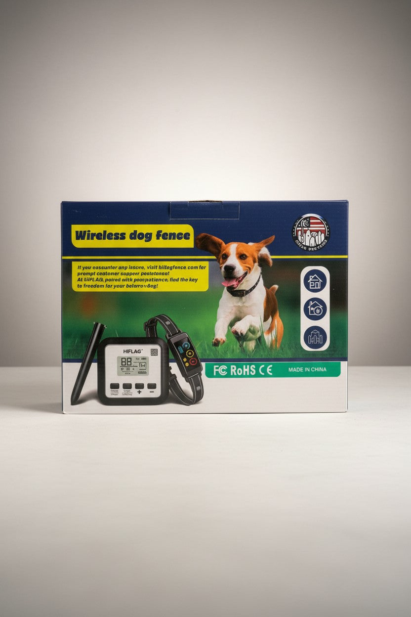 Exquisite Deal Shop wireless dog fence with rechargeable waterproof training collar and transmitter base. Features adjustable boundary, tone, vibration, and static correction.