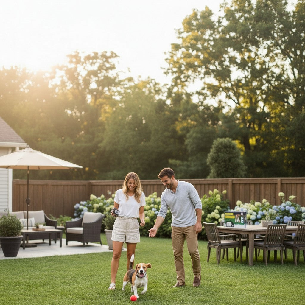 Exquisite Deal Shop wireless dog fence system with rechargeable, waterproof collar and transmitter, shown in use with a beagle and owners in a backyard.
