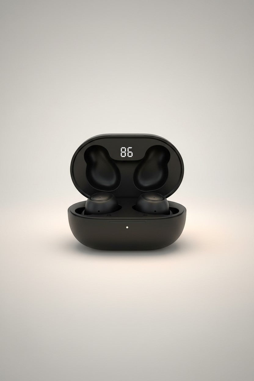 Exquisite Deal Shop black wireless earbuds with charging case featuring digital power display and hearing aid mode.