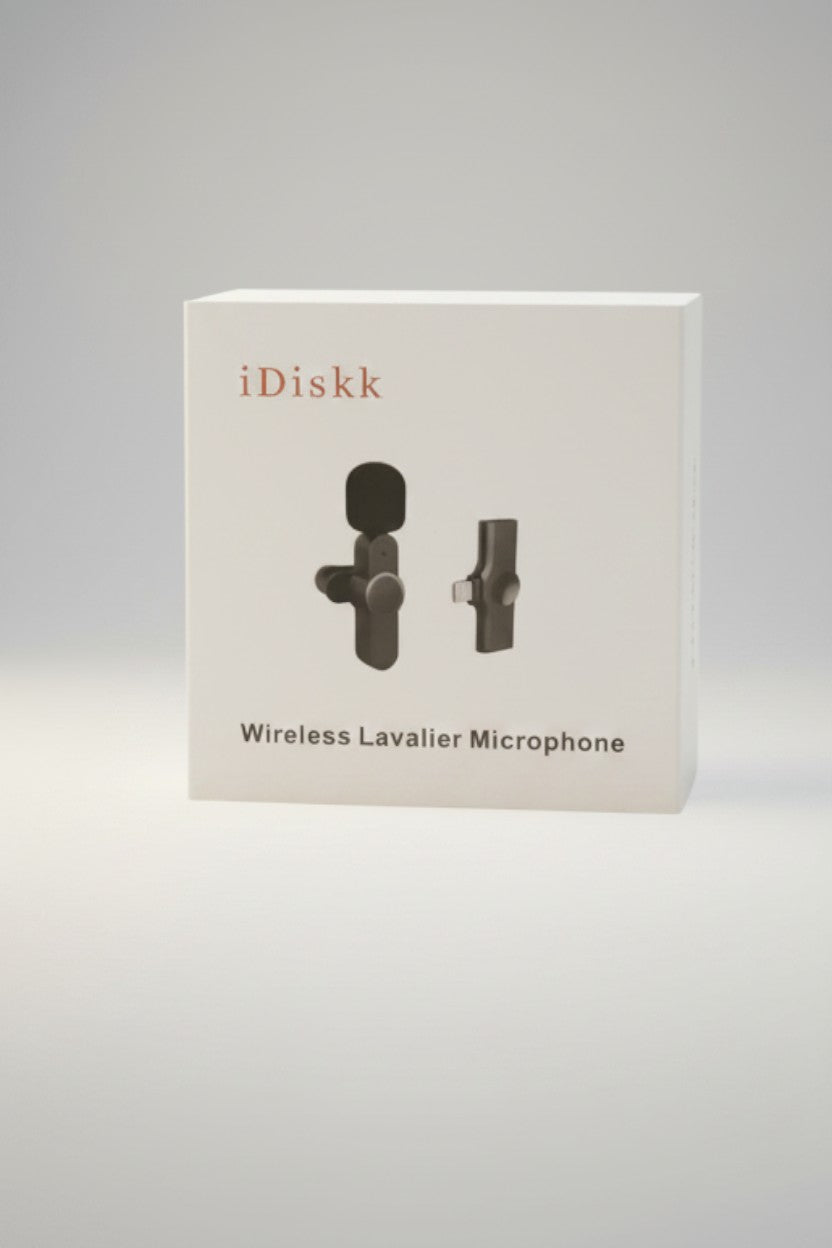 Exquisite Deal Shop iDiskk wireless lavalier microphone with Lightning receiver for iPhone. Compact clip-on transmitter.