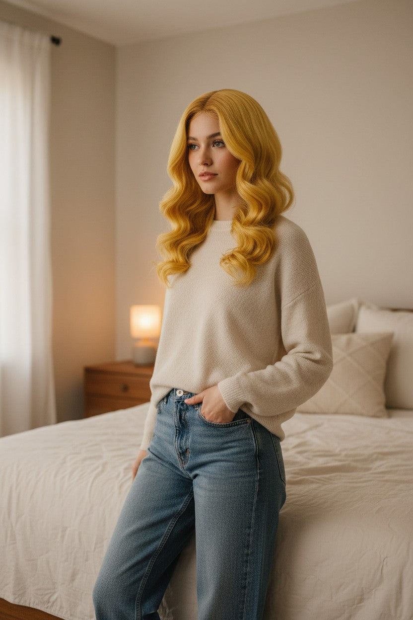Exquisite Deal Shop yellow body wave lace front wig worn by a woman in a casual bedroom setting