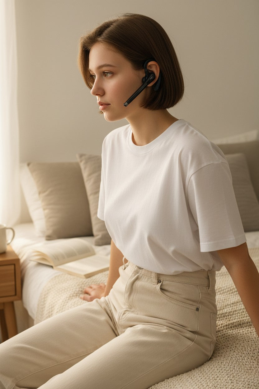 Exquisite Deal Shop YYK-520 wireless business headset worn by a woman in a bright bedroom for hands-free calling.