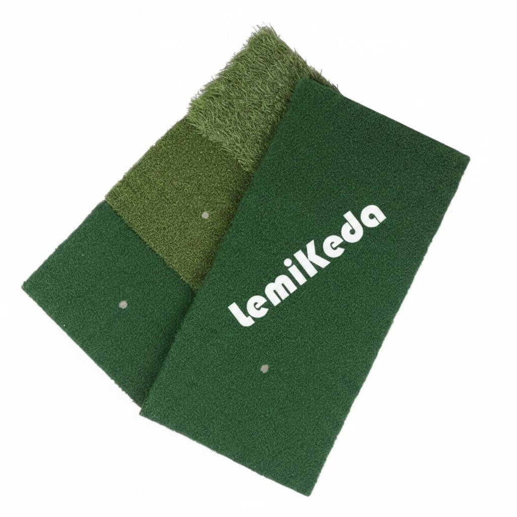 Exquisite Deal Shop green artificial turf golf hitting mat with different textures and the brand name "Lemikeda" printed on it.