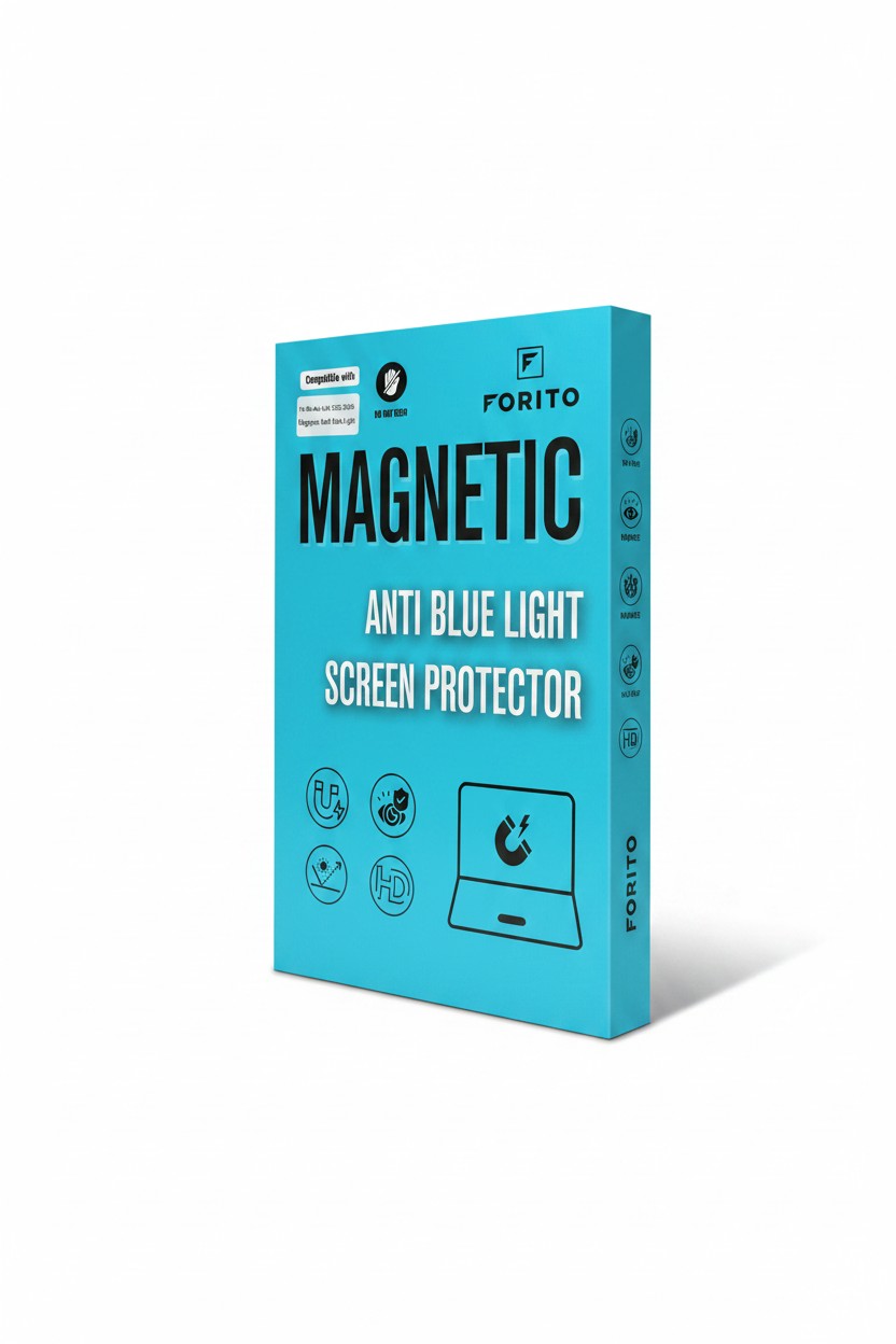 FORITO magnetic anti-blue-light screen protector for MacBook, blue packaging with icons for magnetic snap-on, blue-light filtering, and anti-glare.