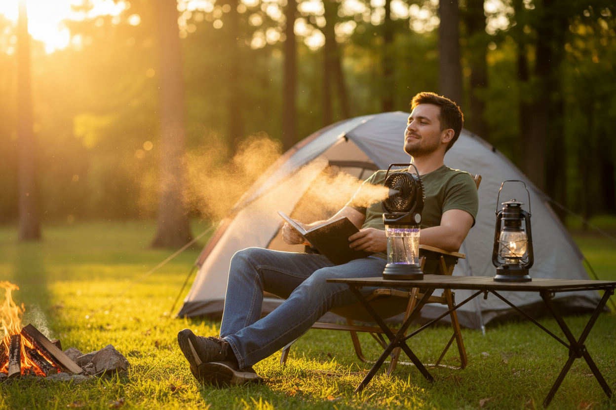 Portable misting fan at campsite on camping table
